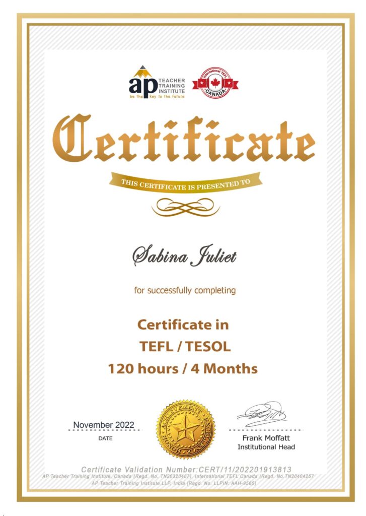 Certificate in TEFL / TESOL (Sabina Juliet)